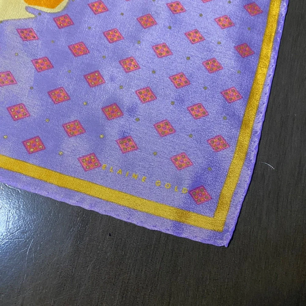 Elaine Gold Vintage Purple Yellow Floral Geometric Square Silk Scarf 30x30